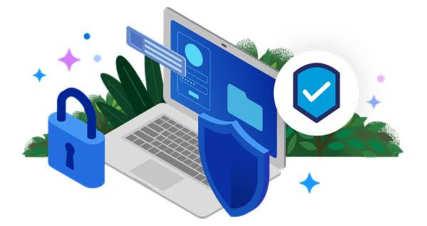 Isometric illustration of a laptop protected by a shield and lock